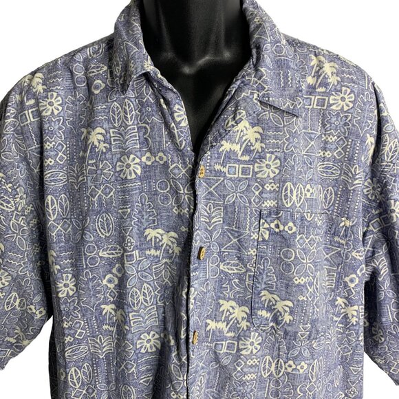 OP Ocean Pacific Button Up Hawaiian Shirt XL Blue Reverse Print Floral Pocket - Picture 2 of 7